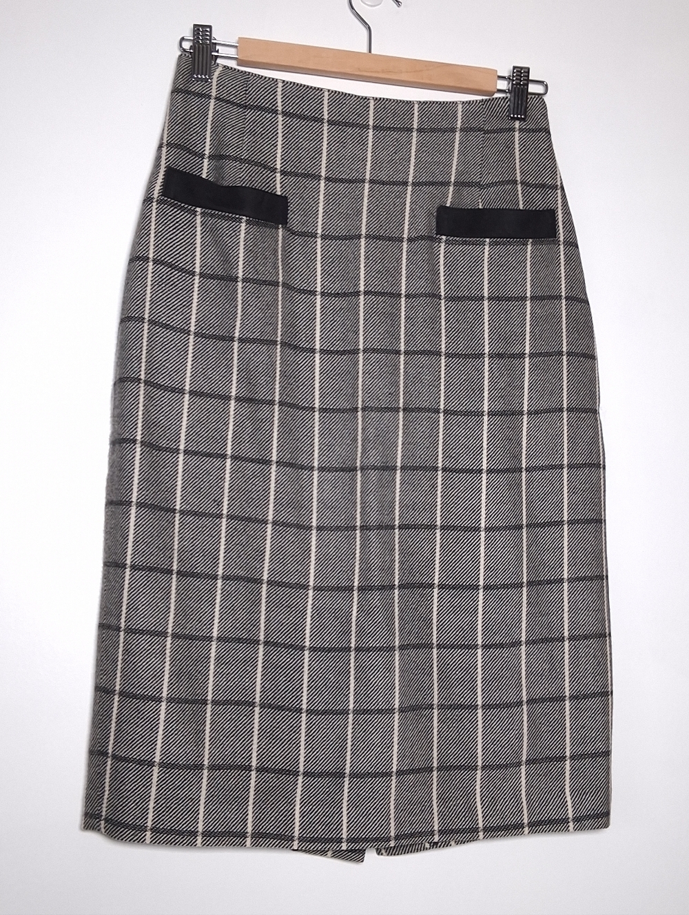 Vintage Pencil Skirt Pure New Wool Black White Plaid Size 38